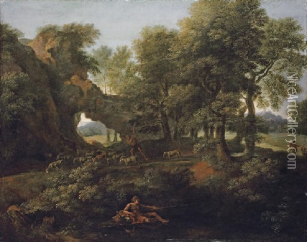 A Wooded Landscape With A Fisherman On The Bank And A Goat Herder And His Flock On A Path Beyond Oil Painting - Gaspard Dughet