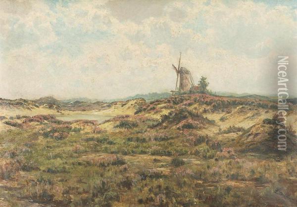 Heathland With Windmille In The Distance. Oil Painting - Leon Delderenne