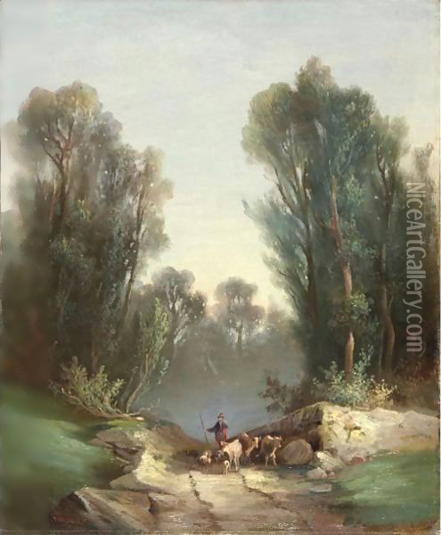 Hirte In Landschaft Mit Baumen, 1871 Herdman In Landscape With Trees, 1871 Oil Painting - Ferdinand Hodler