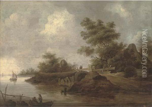 A River Landscape With Figures In A Boat And A Traveller On A Bridge Oil Painting - Pieter Nolpe