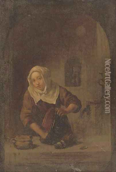 A lady washing at a casement Oil Painting - Gerrit Dou