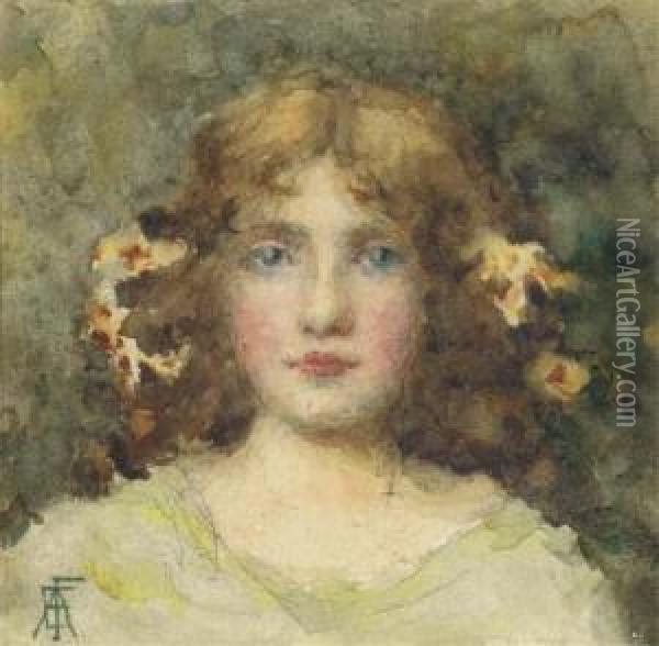 Portrait Of A Young Girl, Bust-length, With Flowers In Her Hair Oil Painting - Elizabeth A.Stanhope Forbes