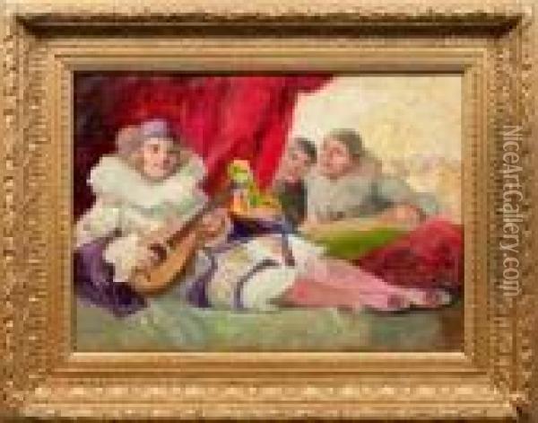 Mandoline Spielende Pierrette Mit Zwei Pierrots Oil Painting - Richard Geiger