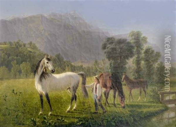 Pferde In Landschaft Oil Painting - Johann Jakob Biedermann