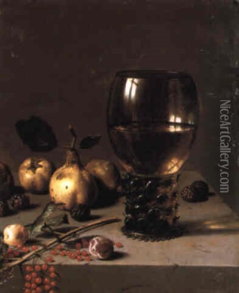 A Roemer, Pears, Plums, Mulberries And Redcurrants On A Stone Ledge Oil Painting - Jan Boumann