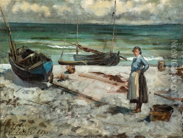 Zwei Fischerboote Mit Fischerin Bei Yport Oil Painting - Leon Tanzi