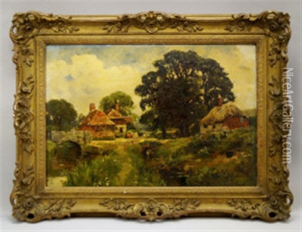 Figure On A Stone Bridge With Cattle, Cottages And Woodland Oil Painting - Henry John Yeend King
