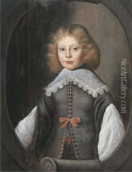 Portrait Of A Boy, Half-length, 
In A Grey Jerkin And A White Shirt,in A Feigned Scrolled Oval Oil Painting - Jan Anthonisz Van Ravesteyn