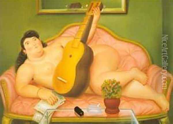 Woman with Guitar 1988 Oil Painting - Fernando Botero