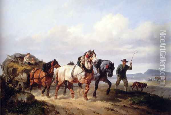 Horses Pulling A Hay Wagon In A Landscape Oil Painting - Wouterus Verschuur