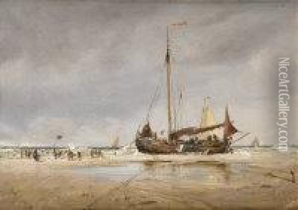 Beached Ship Being Unloaded Oil Painting - Edwin Hayes