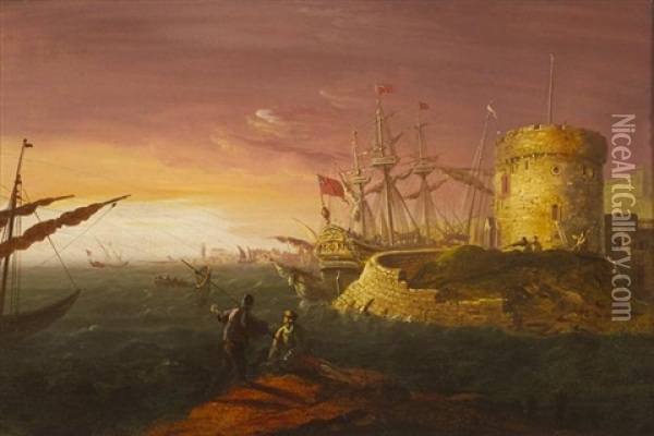 Maritime Scene With Martello Tower And Tall Ships Oil Painting - William Sadler the Younger