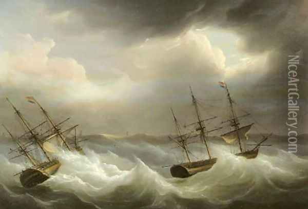 Threemasters in distress off the coast Oil Painting - Martinus Schouman