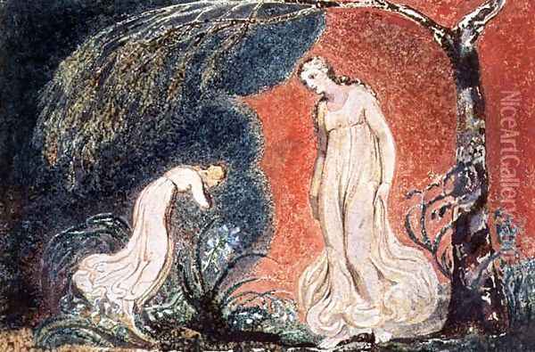 Book of Thel- the Lily bowing before Thel, before going off 'to mind her numerous charge among the verdant grass', 1789 Oil Painting - William Blake