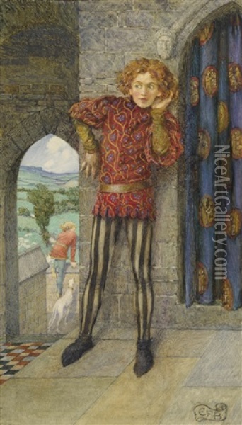 But Mordred Laid His Ear Beside The Door And There Half Heard - The Coming Of Arthur Oil Painting - Eleanor Fortescue-Brickdale