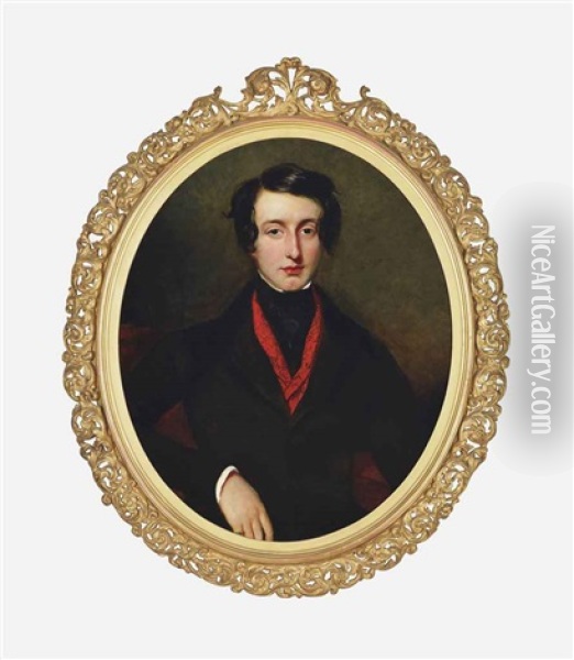 Portrait Of Edward Conroy, In A Black Coat And Red Scarf Oil Painting - Frederick Yeates Hurlstone