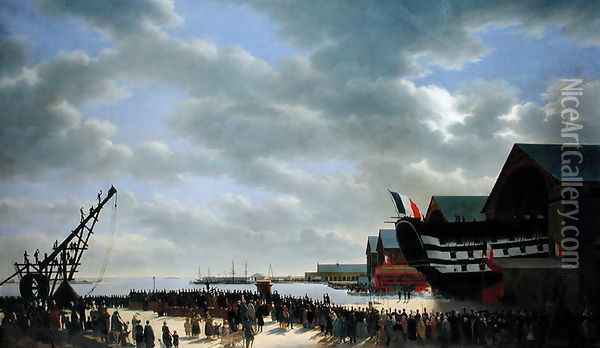 The Launch of 'Le Friedland' at Cherbourg, 4th April 1840, c.1840-54 Oil Painting - Antoine Chazal
