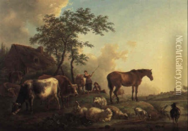 Kuhe, Schafe Und Ein Pferd Auf Einer Begrunten Anhohe Oil Painting - Jean-Baptiste De Roy