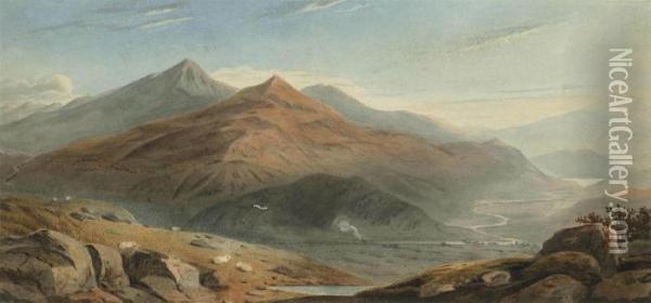 Snowdon From Moel Hebog With Beddgelert Below, North Wales Oil Painting - John Varley