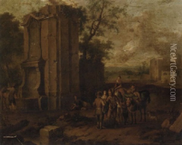 Mounted Travellers Amidst Classical Ruins And A Fountain Oil Painting - Franz de Paula Ferg