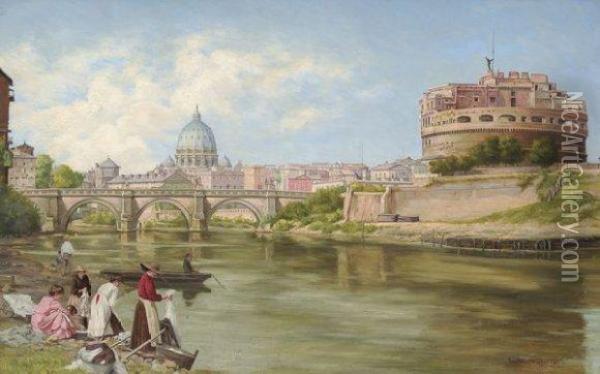 Vue Sur Le Tibre A Rome Avec Le Chateau Et Le Pont Saint-ange Oil Painting - Abel Boulineau