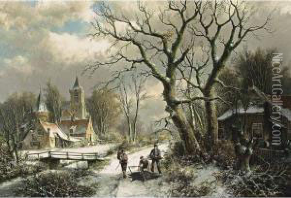 Faggot Gatherers On A Snow Covered Path Oil Painting - Willem Koekkoek
