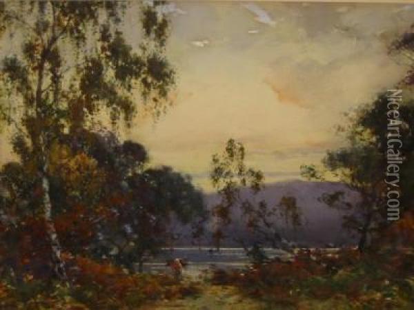 Autumnal Lake Scene With Faggot Gatherer Oil Painting - J.A. Henderson Tarbet