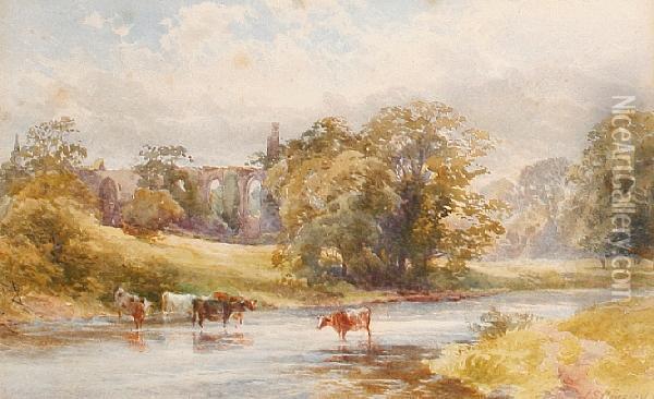 Cattle Watering Before Abbey Ruins Oil Painting - James Stephen Gresley