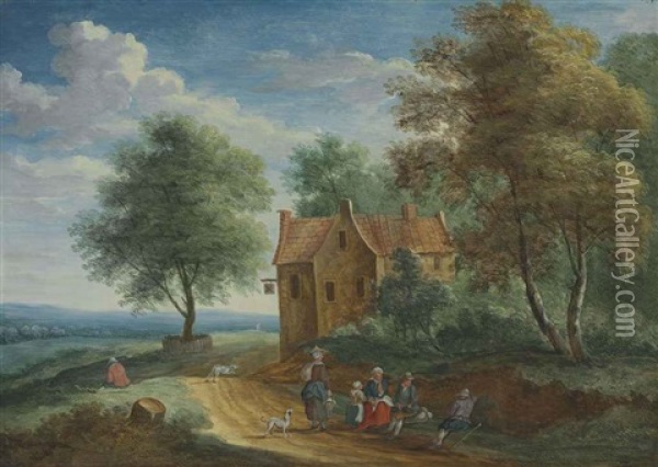 Two Travellers Resting Near A River (+ Peasants Sitting By A Roadside With A Cottage Beyond; Pair) Oil Painting - Andreas Martin