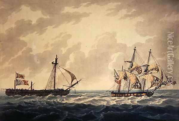 His Majesty's Sloop, Bonne Citoyenne, taking the French frigate, La Furieuse, in tow after the action of 6th July 1809, engraved by R & D Havell, published by Robert Cribb in 1810 Oil Painting - George Webster