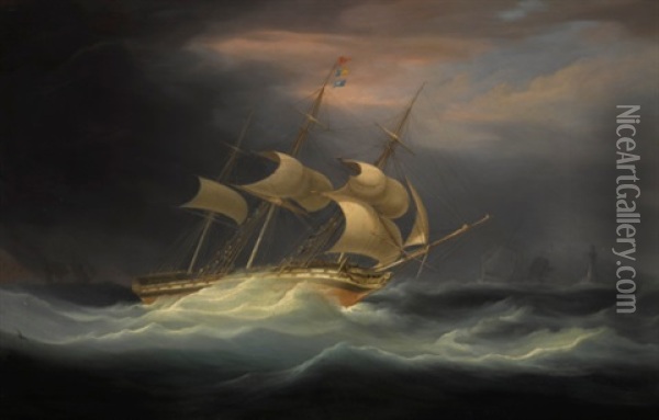 An East Indiaman In A Storm Off The Eddystone Lighthouse Oil Painting - William John Huggins