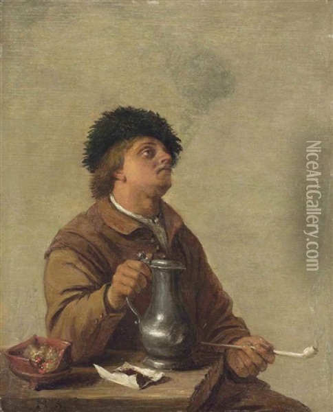 A Man Seated At A Table, Smoking A Pipe And Drinking From A Stein Oil Painting - Hendrick Martensz Sorgh