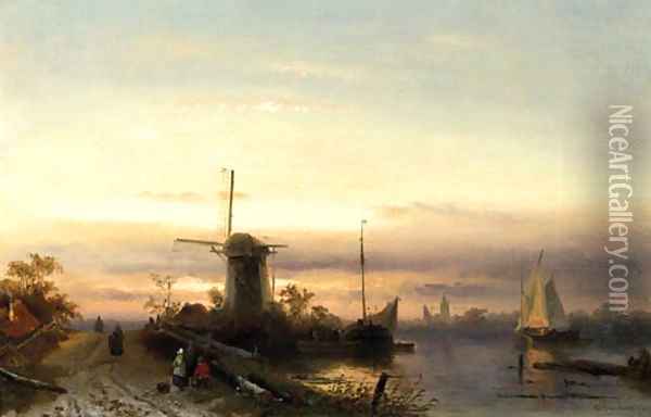 A river landscape with figures on a path at dusk, a town beyond Oil Painting - Charles Henri Leickert