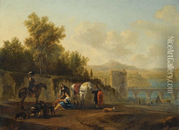 An Extensive Italianate River Landscape With Travelers Resting On A Path Oil Painting - Gerrit Adriaensz Berckheyde