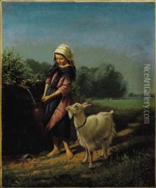 Girl Fetching Water With Goat Oil Painting - Samuel S. Carr