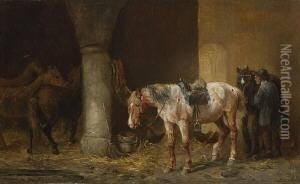 Bauer Mit Pferden Im
 Stall. Oil Painting - Ludwig Hartmann