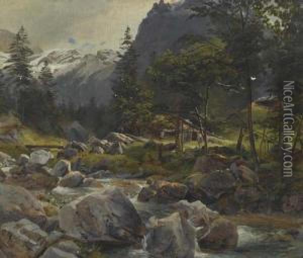 Mountain Stream Near Engelberg. Oil Painting - Johann Gottfried Steffan