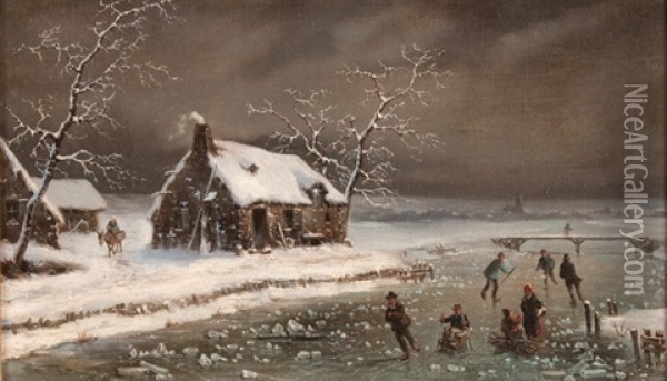 Ice Skating Scene Oil Painting - Louis-Claude Malbranche