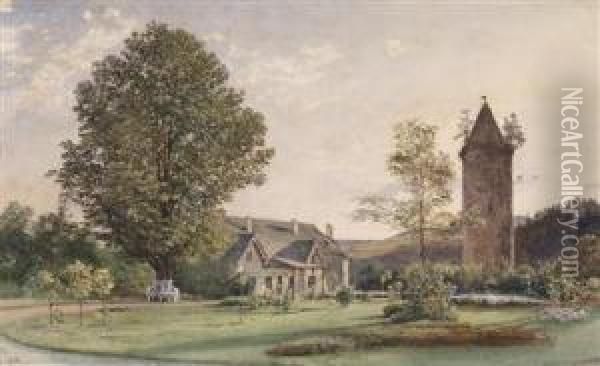 The Cottage And The Jacobinka Tower In The Park Of The New Castle Rozmberk On The Vltava Oil Painting - Rudolf Ritter von Alt