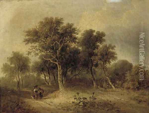 Travellers on a wooded track Oil Painting - James Stark