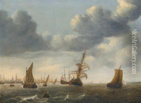 Ships Offshore, A View Of Rotterdam Beyond Oil Painting - Willem van Diest