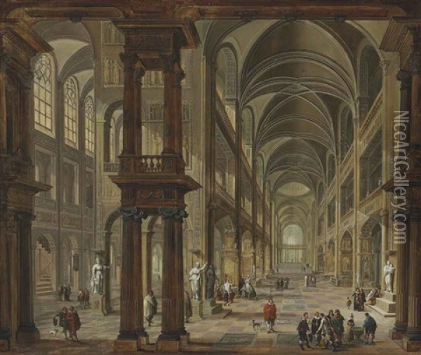 An Imaginary Church Interior With Figures Oil Painting - Christian Stoecklin