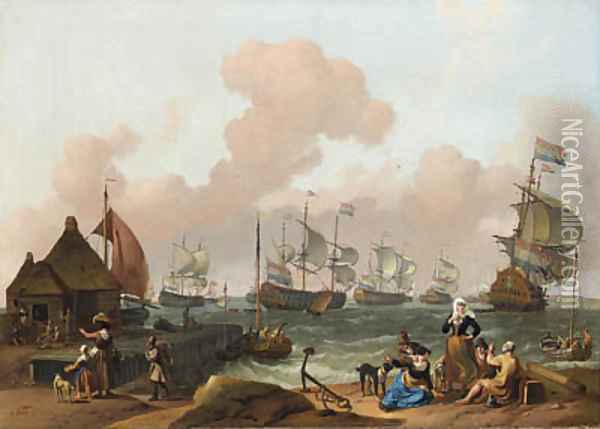 Coastal Scene with the Dutch Fleet under Way, peasants by a jetty in the foreground Oil Painting - Ludolf Backhuyzen