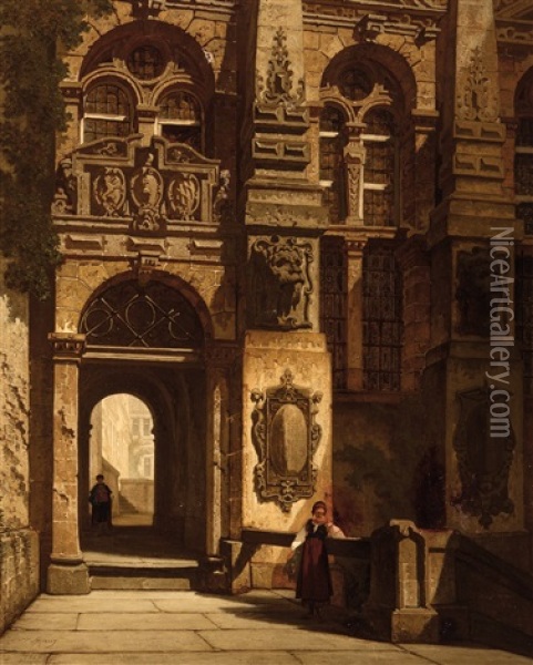 Inner Courtyard Of A Southern Palazzo (1863) Oil Painting - Francois Stroobant