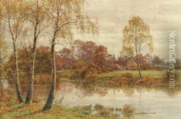 Silver Birch Trees Beside A River With A Cottage In Thedistance Oil Painting - Thomas H. Hunn