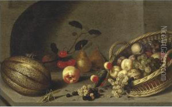 Still Life Of Fruit In A Basket 
And Cherries, Pears, Peaches And A Melon, All Resting On A Ledge Oil Painting - Ambrosius the Younger Bosschaert