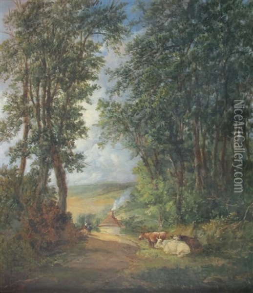 Idyllische Landschaft Mit Ruhenden Kuhen Und Figurenstaffage Oil Painting - Alfred Vickers