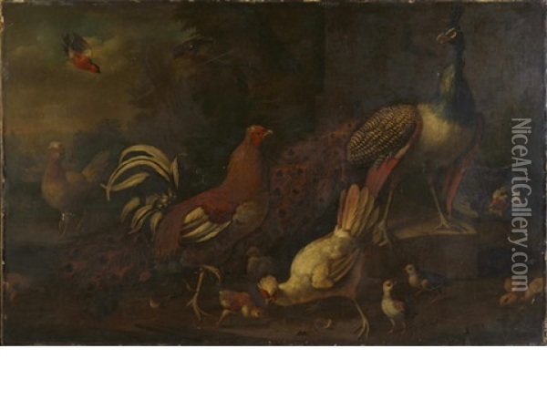 A Peacock, A Gamecock, Three Tufted Hens With Chicks, And Other Birds In A Landscape Oil Painting - Adriaen van Oolen