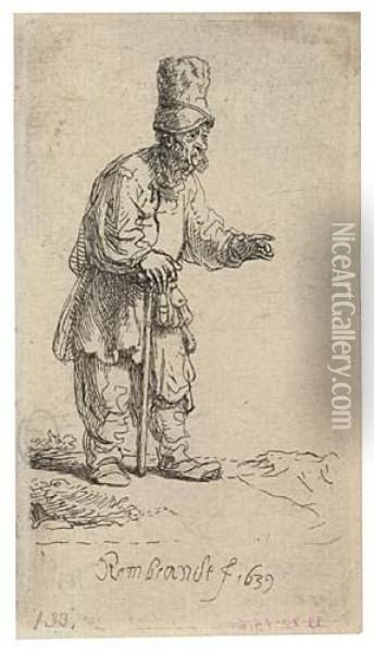 A Peasant In A High Cap, Standing Leaning On A Stick Oil Painting - Rembrandt Van Rijn