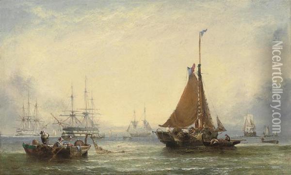Fishermen Drying Their Sails At 
The End Of The Day, Royal Navy Two-deckers Anchored Beyond Oil Painting - William Calcott Knell